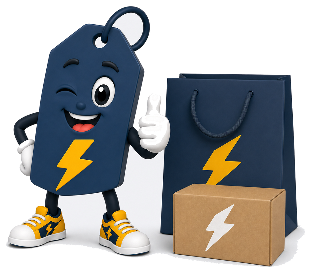 Rayito, la mascota de RayoTienda, junto a una bolsa de compras y una caja de envío
