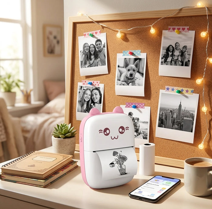 Fotos impresas con PrintyCat decorando un corcho estilo scrapbook
