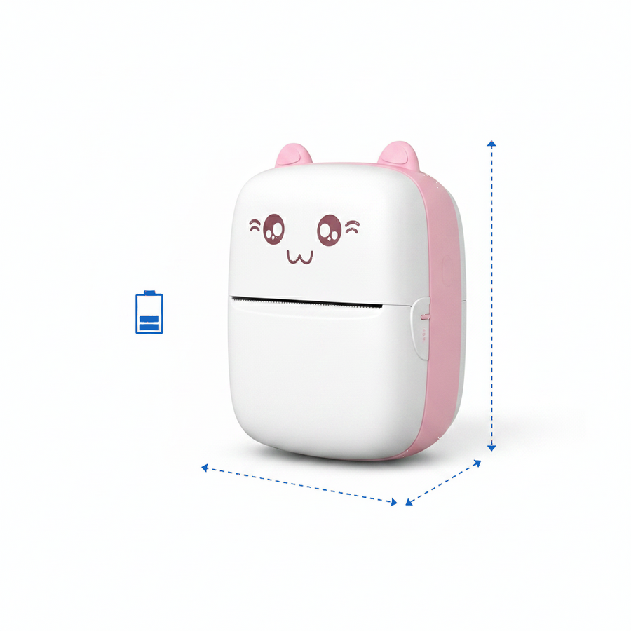 Diagrama tecnico PrintyCat: 11x8x3.5 cm, bateria 1200 mAh hasta 15h (hi-res v3)